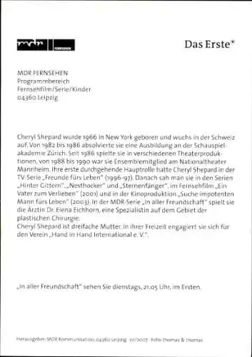 Ak Schauspielerin Cheryl Shepard, Portrait, Autogramm, TV Serie In aller Freundschaft, Das Erste