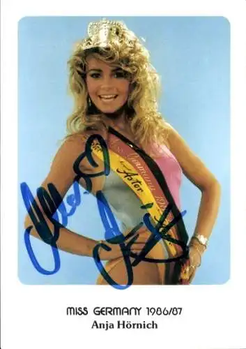 Ak Schauspielerin Anja Hörnich, Portrait, Autogramm, Miss Germany 1986/1987, Krone, Scherpe