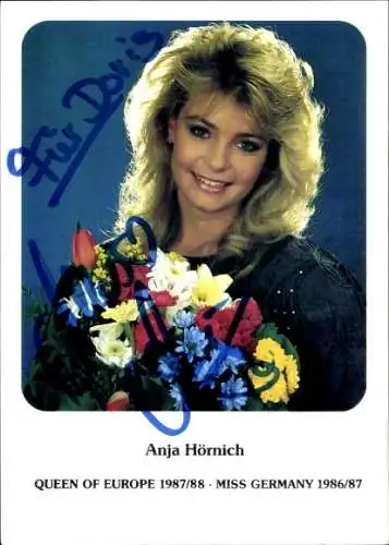 Ak Schauspielerin Anja Hörnich, Portrait, Autogramm, Miss Germany 1987/1988, Blumenstrauss