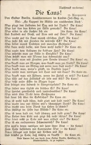 Ak Gedicht Die Laus von Gustav Davids, Was plagt den Soldaten bei Tag am rauschenden Bach...