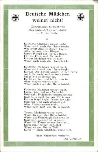 Ak Gedicht von Max Lucas-Schwieger Deutsche Mädchen weint nicht