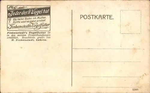 Ak Vogel, Weidenkätzchen, Blumenvase, Finkenstedt's Vogelfutter, Werbung