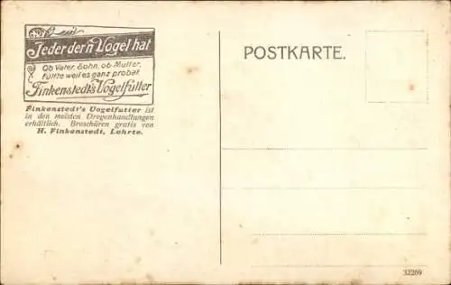 Ak Vogel, Fink, Reklame, Finkenstedt's Vogelfutter, Lehrte
