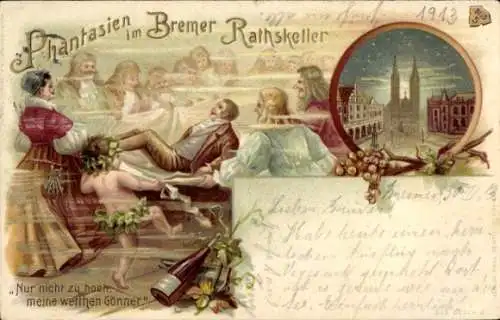 Litho Hansestadt Bremen, Phantasien im Bremer Ratskeller, Weintrauben, Kirche