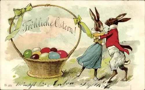 Litho Glückwunsch Ostern, Tanzende Osterhasen, Ostereierkorb