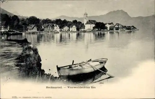 Ak Beckenried Kt. Nidwalden Schweiz, Vierwaldstätter See, Kirche, Berge