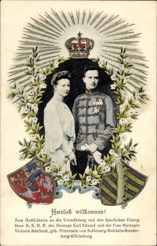 Ak Herzog Carl Eduard von Sachsen Coburg Gotha, Victoria Adelheid, Vermählung, Wappen