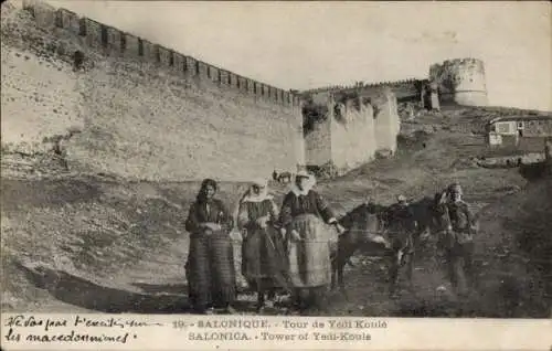 Ak Saloniki Thessaloniki Griechenland, Turm der Festung Yedi Koule, Frauen in Tracht, Esel