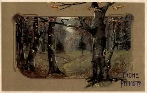 Präge Passepartout Litho Waldszene im Herbst, Bäume, Pfingsten