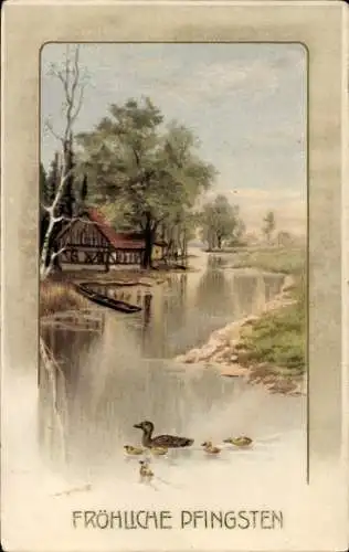 Künstler Ak Glückwunsch Pfingsten, Wohnhaus, Fluss, Ente