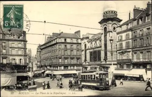 Ak Rouen Seine-Maritime, Place de la République, Straßenbahnen