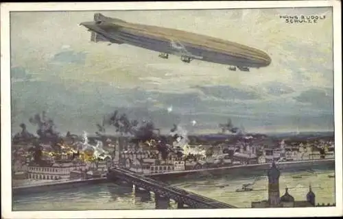 Künstler Ak Schulze, Hans Rudolf, Zeppelin, Luftschiff Schütte Lanz, Warschau bombardierend, I. WK