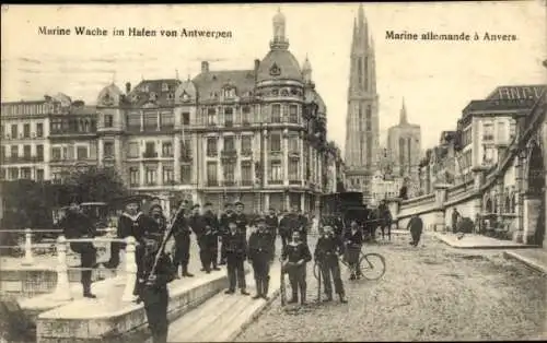 Ak Antwerpen Anvers Flandern, Deutsche Marinewache im Hafen, Kirchturm
