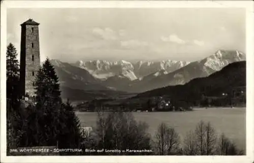 Ak Wörthersee in Kärnten, Schrotturm, Blick auf Loretto und Karawanken