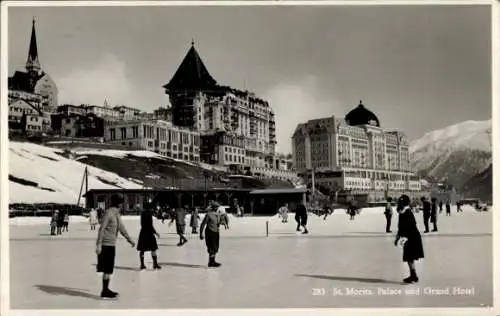 Ak Sankt Moritz Kanton Graubünden, Eisbahn, Grand Hotel