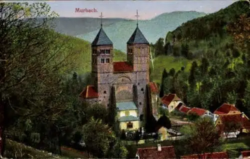 Ak Murbach Haut Rhin, Kirche, Teilansicht des Ortes