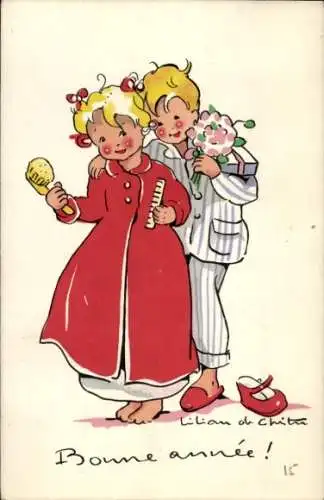 Künstler Ak Glückwunsch Neujahr, Junge und Mädchen, Blumenstrauß, Haarbürste, Schlafanzug