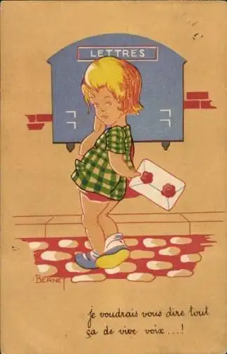 Künstler Ak Bernet, Mädchen  mit Brief vor einem Postbriefkasten