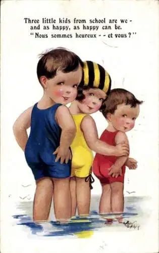 Künstler Ak Drei kleine Kinder in Badeanzügen im Wasser