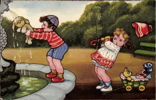 Künstler Ak Boriss, M., Kinder am Brunnen, Junge wäscht seinen Hund, Puppe