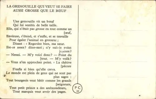 Künstler Ak Spahn, V., La Grenouille qui veur se faire aussi grosse que le Boeuf, Fables La Fontaine