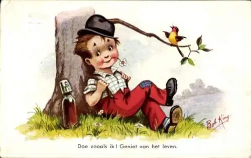 Künstler Ak King, Bob, Wanderer mit Schnapsflasche unter einem Baum