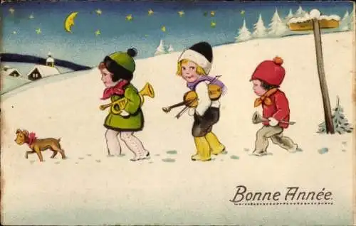 Ak Glückwunsch Neujahr, Kleine Musiker und ein Hund