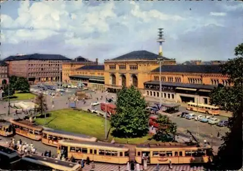 Ak Hannover in Niedersachsen, Hauptbahnhof, Straßenbahnen