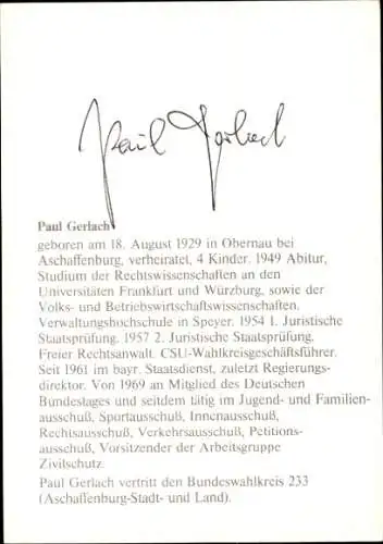 Ak MdB Paul Gerlach, CSU, Portrait, Autogramm