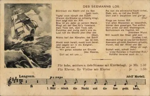 Lied Ak Des Seemanns Los, Stürmisch die Nacht und die See geht hoch, Adolf Martell, Segelschiff