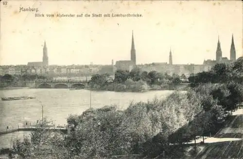 Ak Hamburg, Lombardbrücke, Blick vom Alsterufer, Panorama