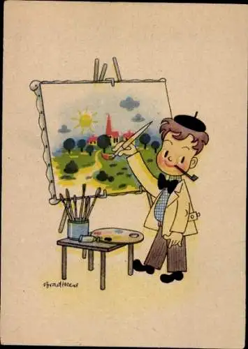 Künstler Ak Maler mit Pfeife an der Staffelei
