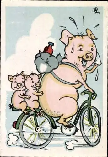 Künstler Ak Schwein und Ferkel auf einem Fahrrad