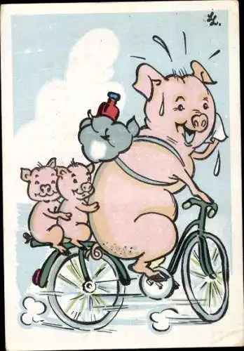 Künstler Ak Schwein und Ferkel auf einem Fahrrad