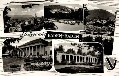 Ak Baden Baden am Schwarzwald, Teilansicht, Arkadengang, Kirchturm