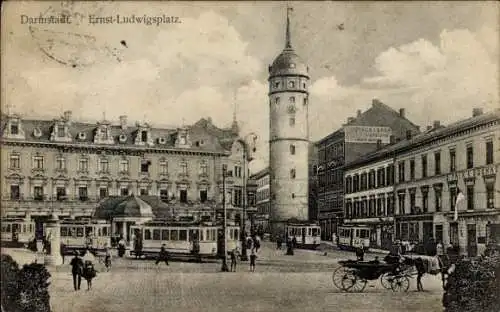 Ak Darmstadt in Hessen, Ernst-Ludwigsplatz, Straßenbahnen