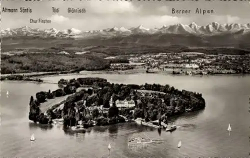 Ak Insel Mainau im Bodensee, Panorama, Berner Alpen, Chur Firsten, Altmann Säntis, Glärnisch, Tödi