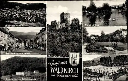 Ak Waldkirch im Breisgau Schwarzwald, Kastelburg, Stadtrainsee, Kuranlagen, Schwimmbad, Kandel