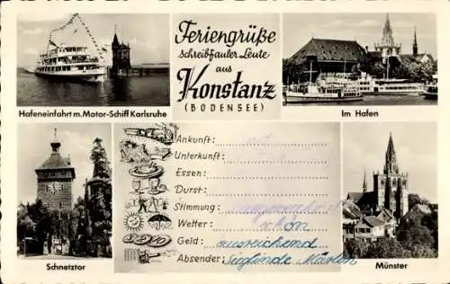 Ak Konstanz am Bodensee, Hafen, Hafeneinfahrt Motor-Schiff Karlsruhe, Schnetztor, Münster