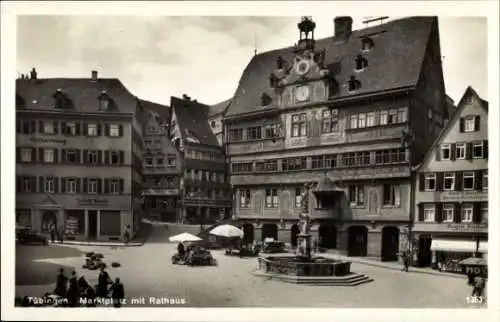 Ak Tübingen am Neckar, Marktplatz mit Rathaus und Brunnen