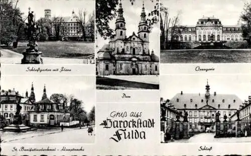 Ak Fulda in Hessen, Orangerie, Schlossgarten, Flora, Schloss, Dom, St. Bonifatiusdenkmal, Hauptwache