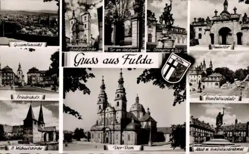 Ak Fulda in Hessen, Gesamtansicht, Wappen, Paulustor, Bonifatiusplatz, Dom, St, Michaelskirche