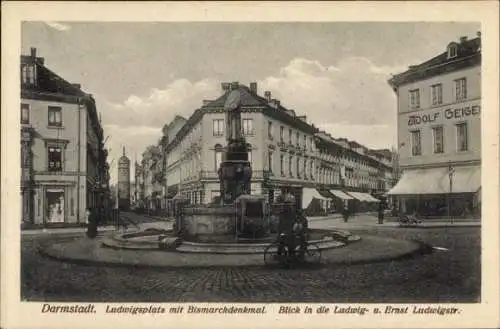 Ak Darmstadt in Hessen, Ludwigsplatz, Bismarckdenkmal, Ludwigstraße, Ernst Ludwigstraße