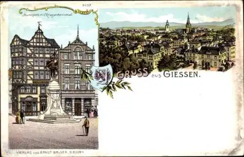 Litho Gießen an der Lahn Hessen, Marktplatz, Kriegerdenkmal, Fachwerkhaus, Gesamtansicht