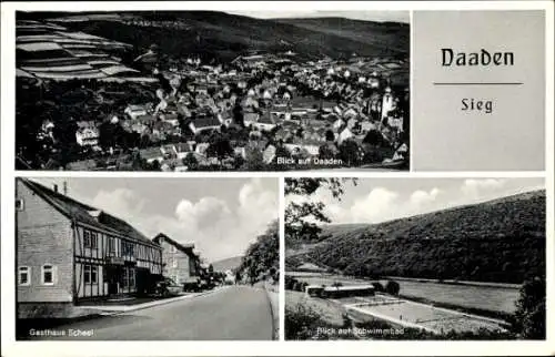 Ak Daaden im Westerwald, Gesamtansicht, Gasthaus Scheel, Schwimmbad