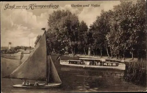 Ak Berlin Köpenick Müggelheim, Gastwirtschaft Krampenburg, Garten, Hafen, Segelboot