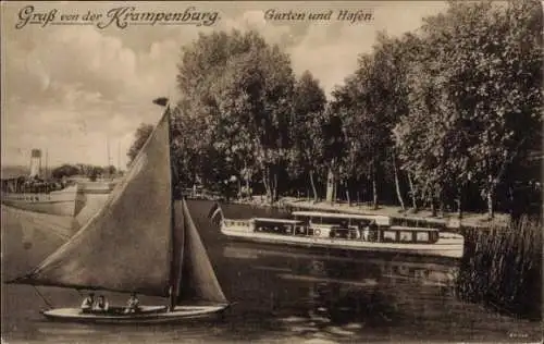 Ak Berlin Köpenick Müggelheim, Gastwirtschaft Krampenburg, Garten, Hafen, Segelboot