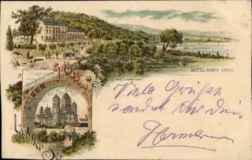 Litho Maria Laach Glees in der Eifel, Hotel Maria Laach, Laacher See, Abtei