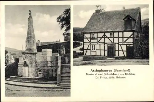 Ak Assinghausen Olsberg im Sauerland, Denkmal, Geburtshaus Dr. Friedrich Wilhelm Grimme, Dichter