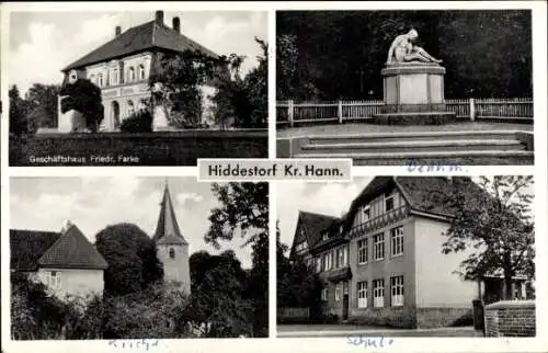 Ak Hiddestorf Hemmingen in Niedersachsen, Denkmal, Geschäftshaus Friedr. Farke, Kirche, Schule